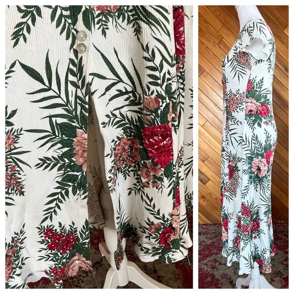 Vintage 80s/90s Ribbed White Floral Button Front Dress - Picture 2 of 2